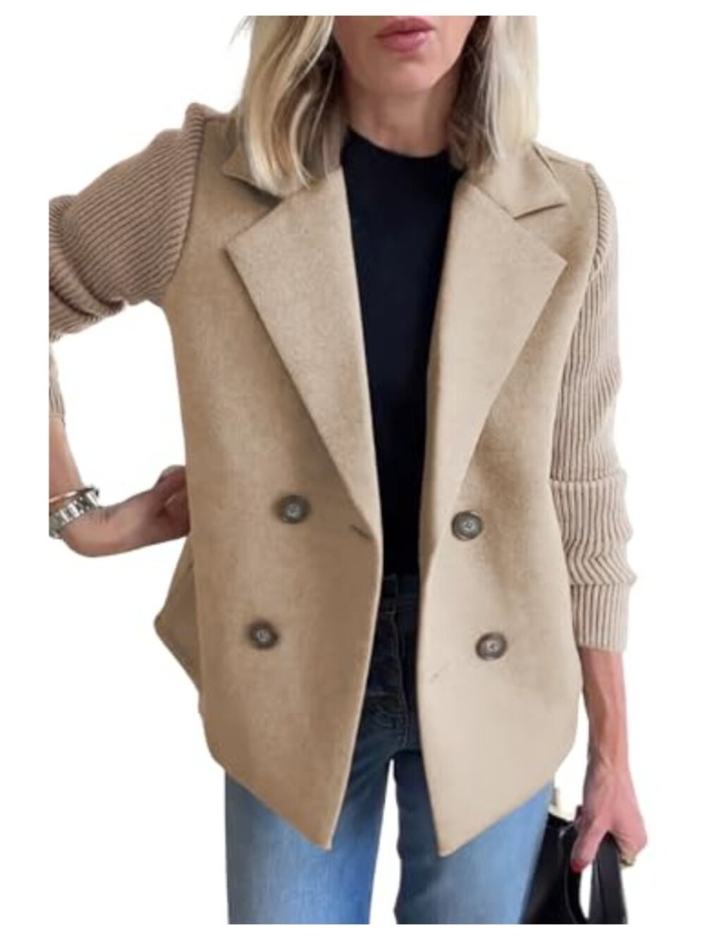 Women's Double Breasted Wool Blend Pea Coat Ribbed Knit Sleeve Blazer Jacket